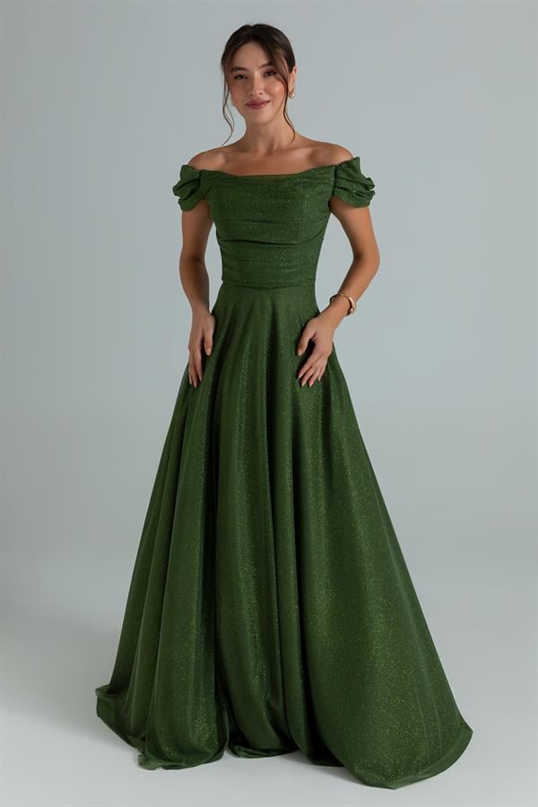 Drapeli Simli Uzun Abiye - HAKİ