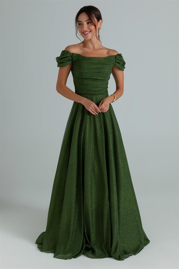 Drapeli Simli Uzun Abiye - HAKİ