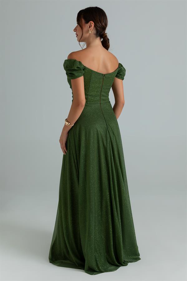 Drapeli Simli Uzun Abiye - HAKİ