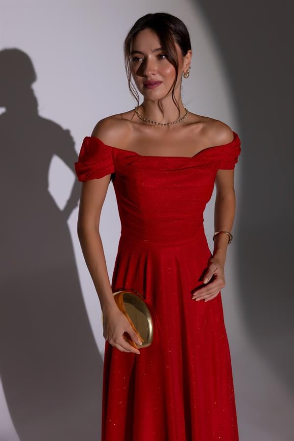 Drapeli Simli Uzun Abiye - KIRMIZI