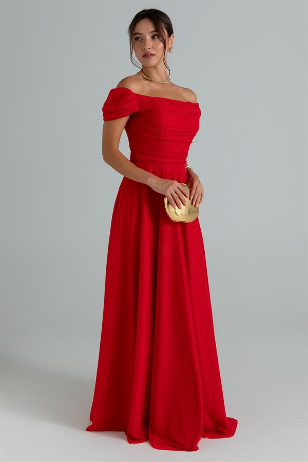 Drapeli Simli Uzun Abiye - KIRMIZI