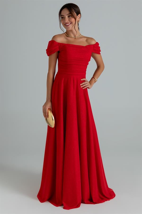 Drapeli Simli Uzun Abiye - KIRMIZI