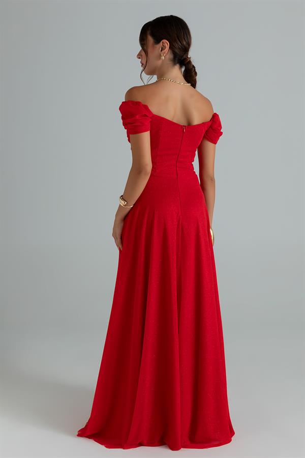 Drapeli Simli Uzun Abiye - KIRMIZI