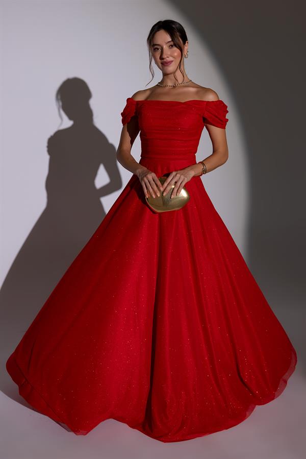 Drapeli Simli Uzun Abiye - KIRMIZI