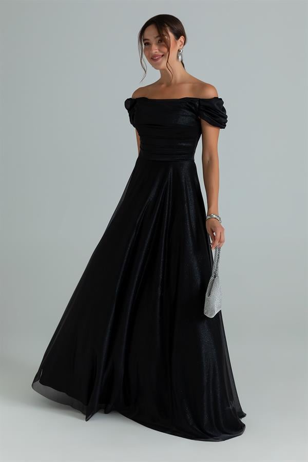 Drapeli Simli Uzun Abiye - SİYAH