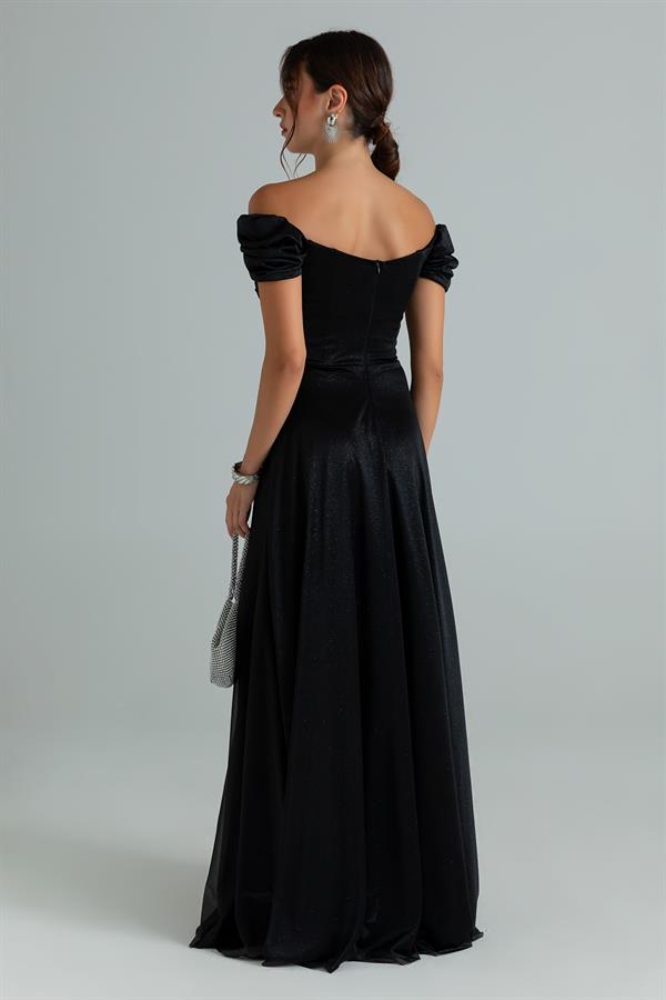 Drapeli Simli Uzun Abiye - SİYAH