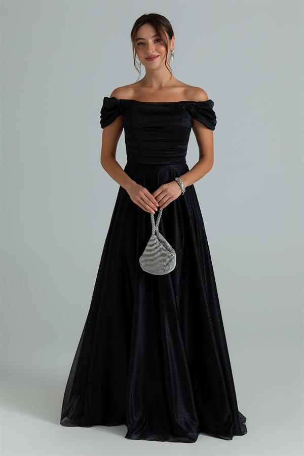 Drapeli Simli Uzun Abiye - SİYAH