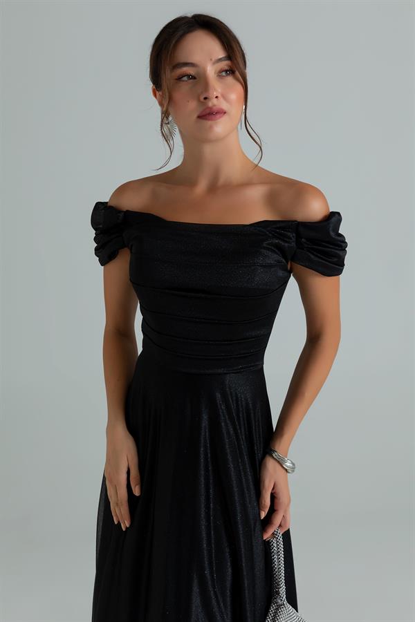 Drapeli Simli Uzun Abiye - SİYAH