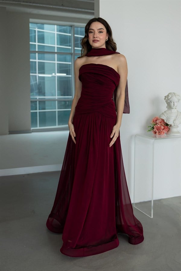 Drapeli Straplez Abiye - BORDO