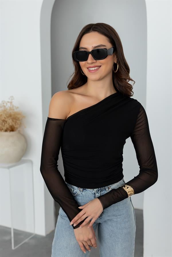 Drapeli Tül Bluz - SİYAH