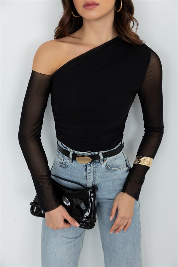 Drapeli Tül Bluz - SİYAH