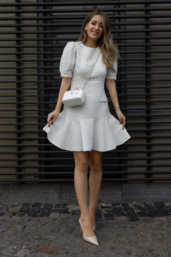 Button Detail Tweed Dress - Cream