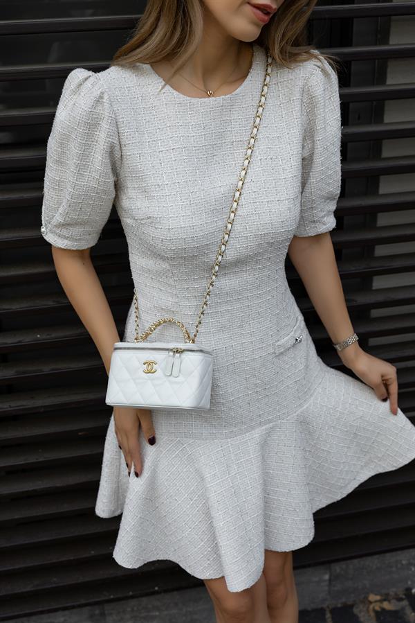 Button Detail Tweed Dress - Cream