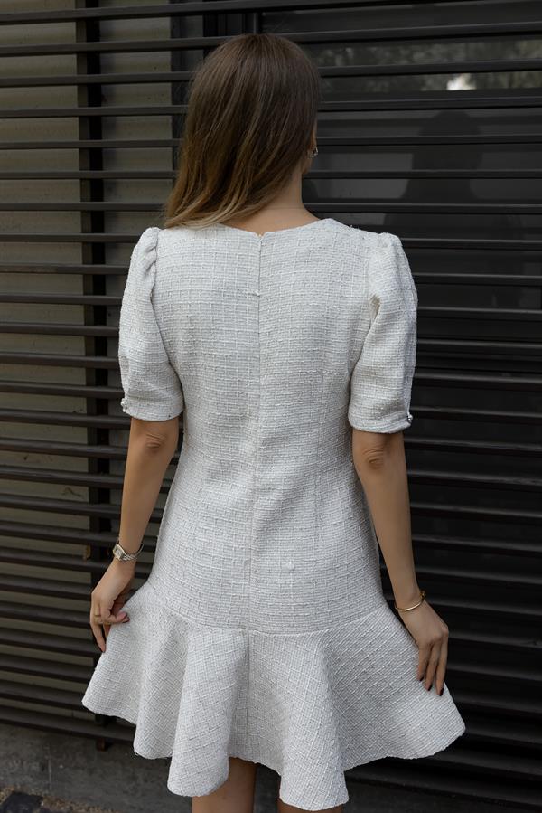 Button Detail Tweed Dress - Cream