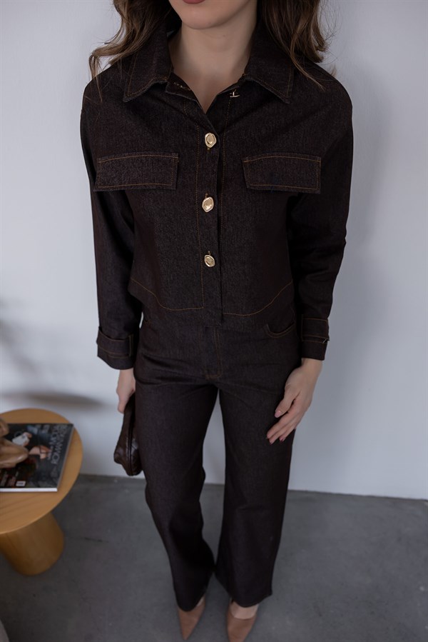 Düğme Detaylı Denim Takım - KAHVERENGİ