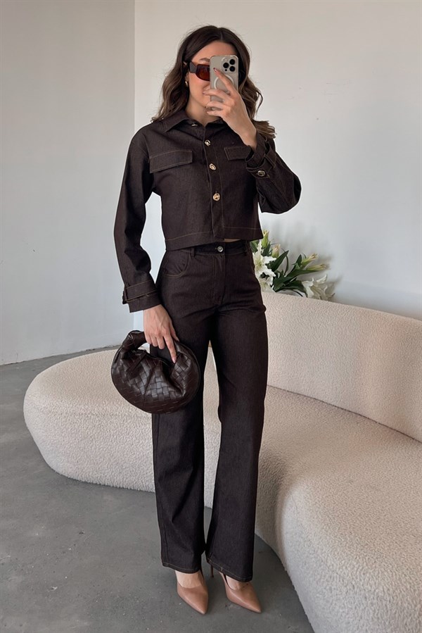 Düğme Detaylı Denim Takım - KAHVERENGİ