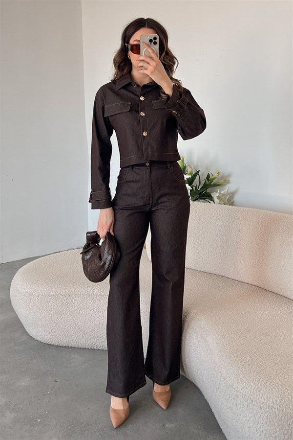 Düğme Detaylı Denim Takım - KAHVERENGİ