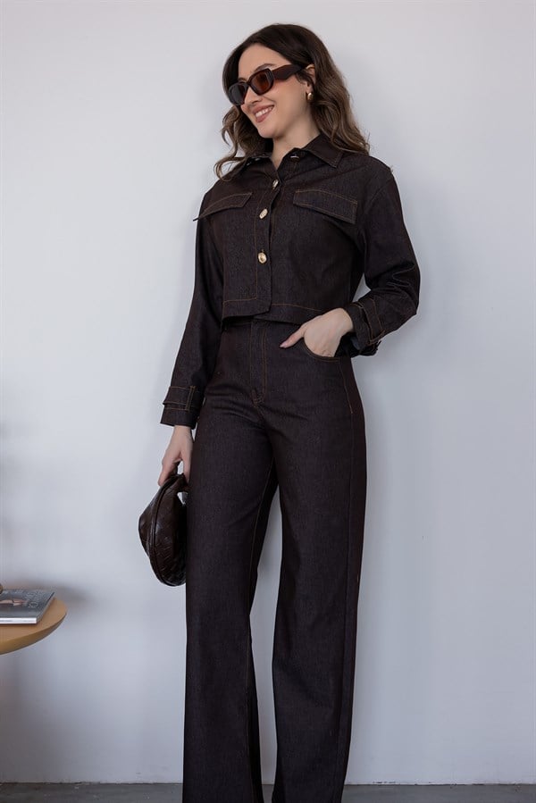 Düğme Detaylı Denim Takım - KAHVERENGİ