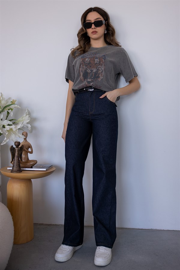 Düğme Detaylı Denim Takım - LACİVERT