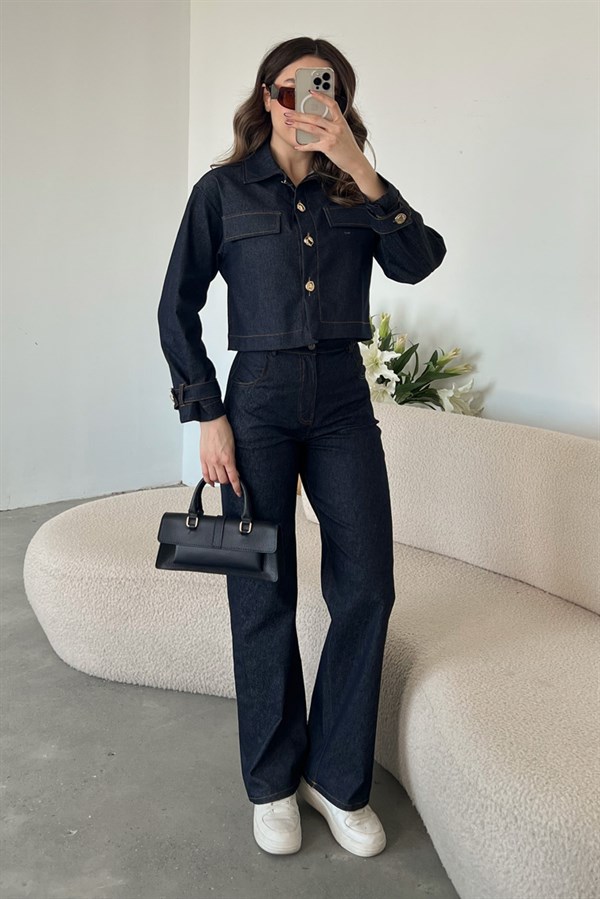 Düğme Detaylı Denim Takım - LACİVERT