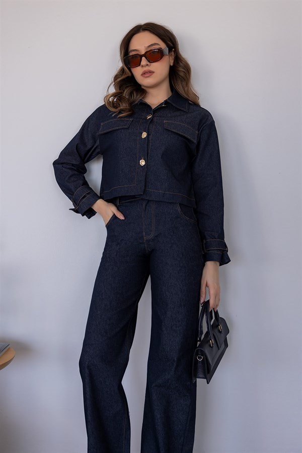 Düğme Detaylı Denim Takım - LACİVERT