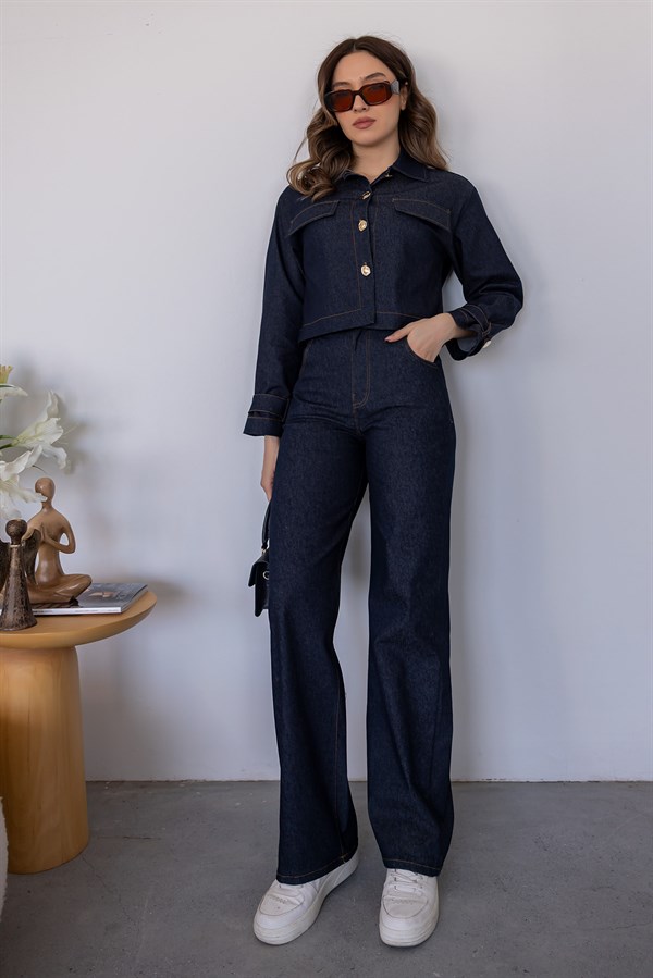 Düğme Detaylı Denim Takım - LACİVERT
