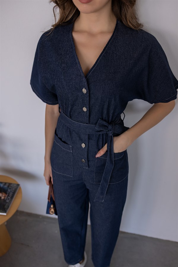 Düğme Detaylı Kuşaklı Tulum - LACİVERT