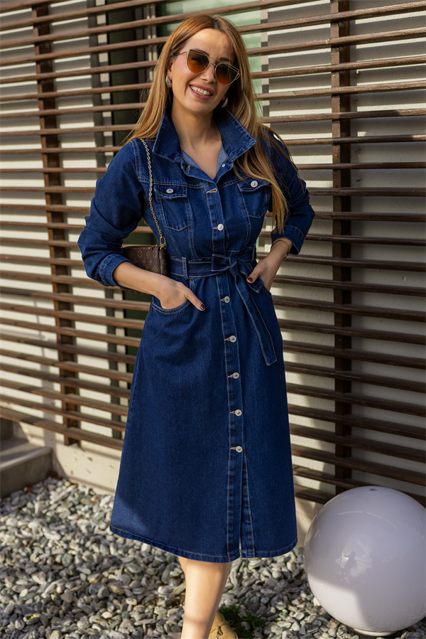 Düğme Kapamalı Denim Elbise - LACİVERT