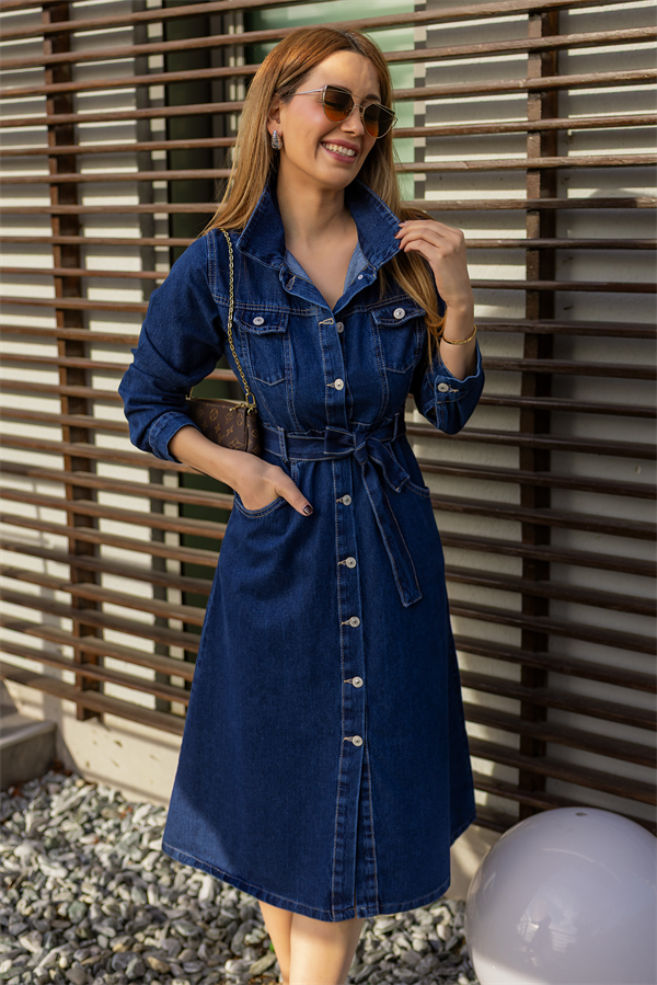 Düğme Kapamalı Denim Elbise - LACİVERT
