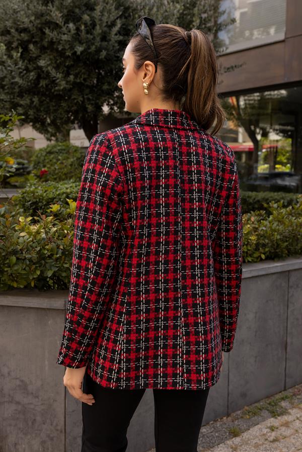 Düğme Kapamalı Ekoselli Ceket - BORDO