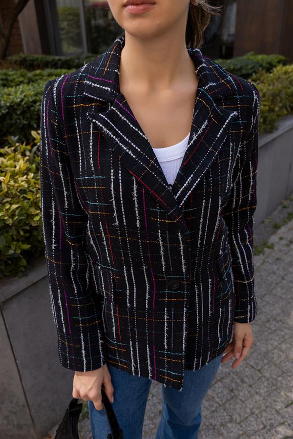 Düğme Kapamalı Ekoselli Ceket - SİYAH