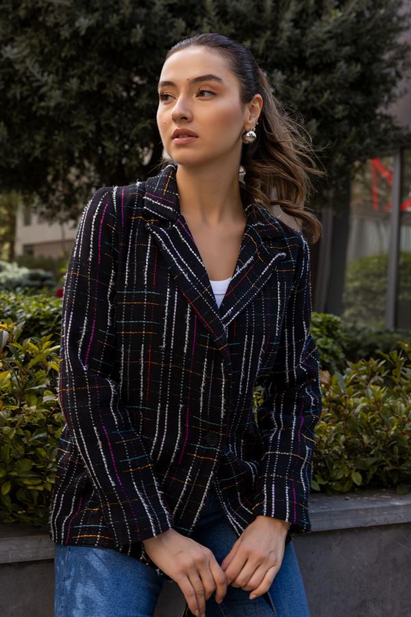 Düğme Kapamalı Ekoselli Ceket - SİYAH