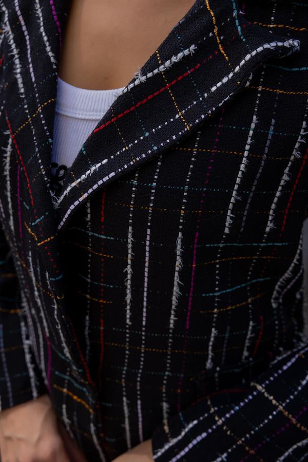 Düğme Kapamalı Ekoselli Ceket - SİYAH