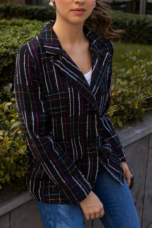 Düğme Kapamalı Ekoselli Ceket - SİYAH