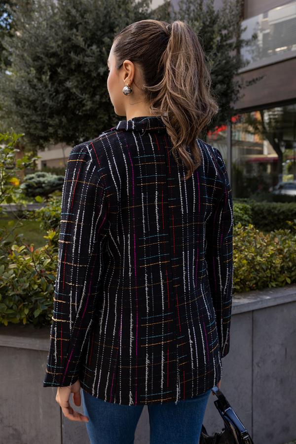 Düğme Kapamalı Ekoselli Ceket - SİYAH