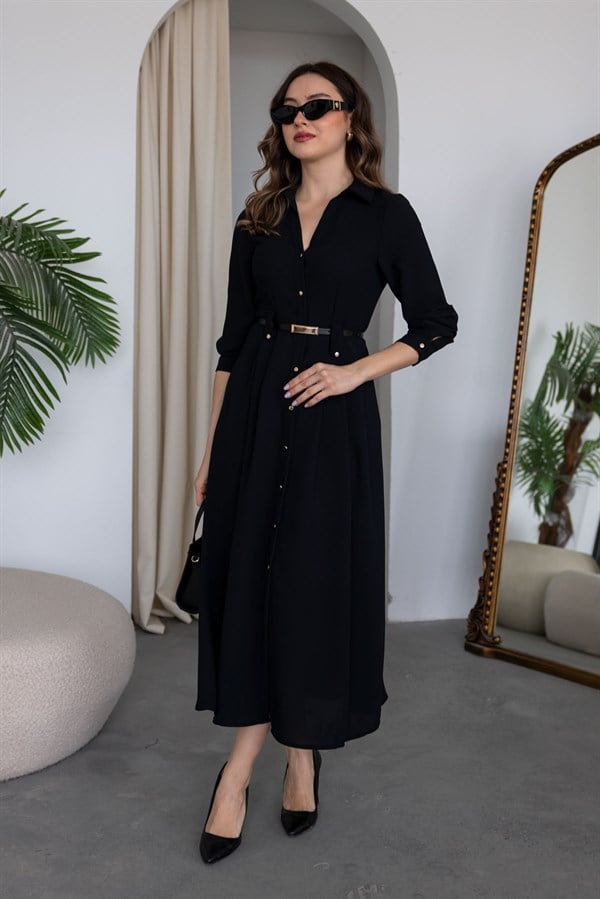 Düğme Kapamalı Elbise - SİYAH