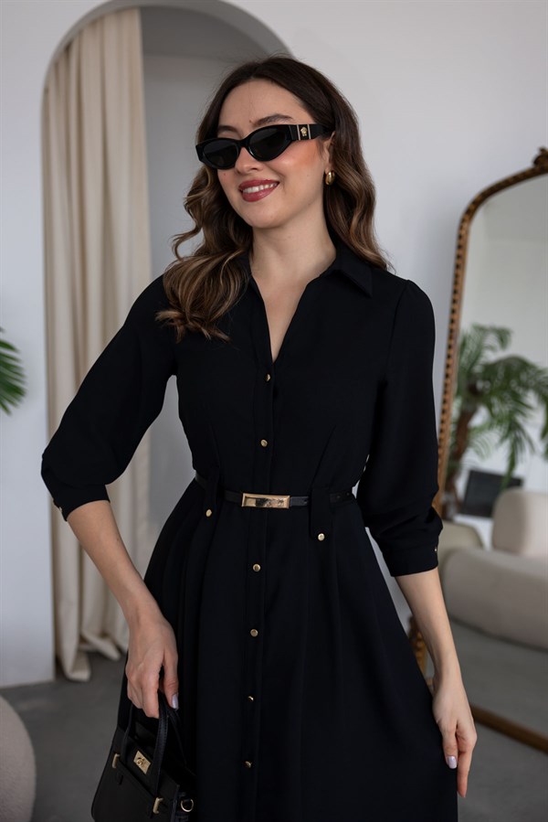 Düğme Kapamalı Elbise - SİYAH
