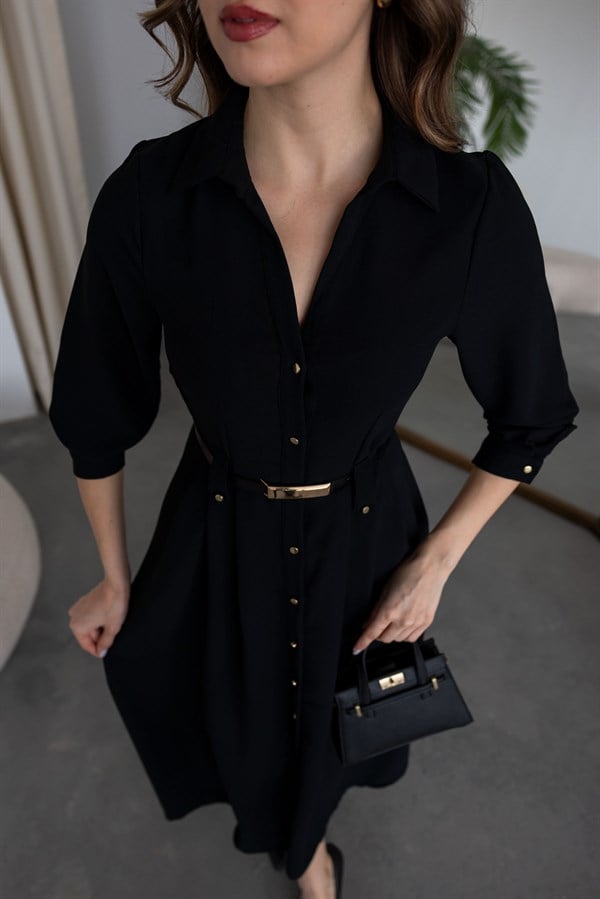 Düğme Kapamalı Elbise - SİYAH