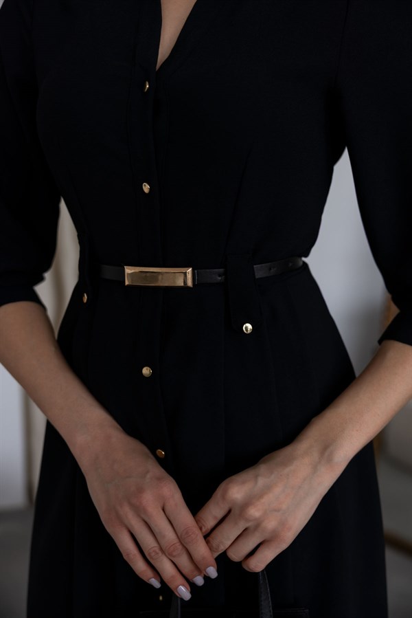 Düğme Kapamalı Elbise - SİYAH