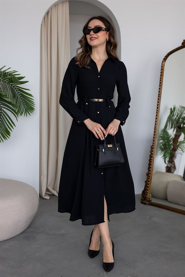 Düğme Kapamalı Elbise - SİYAH