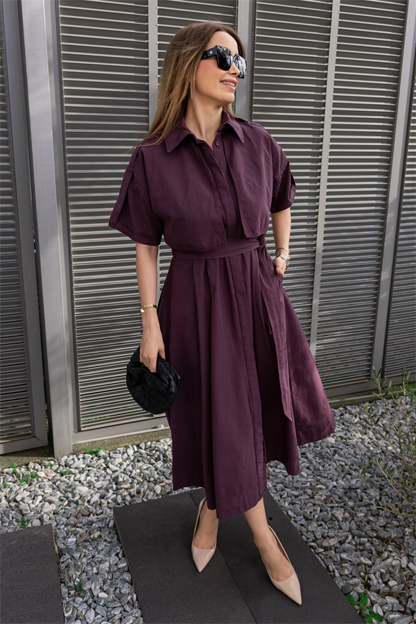 Düğme Kapamalı Kuşaklı Elbise - MÜRDÜM