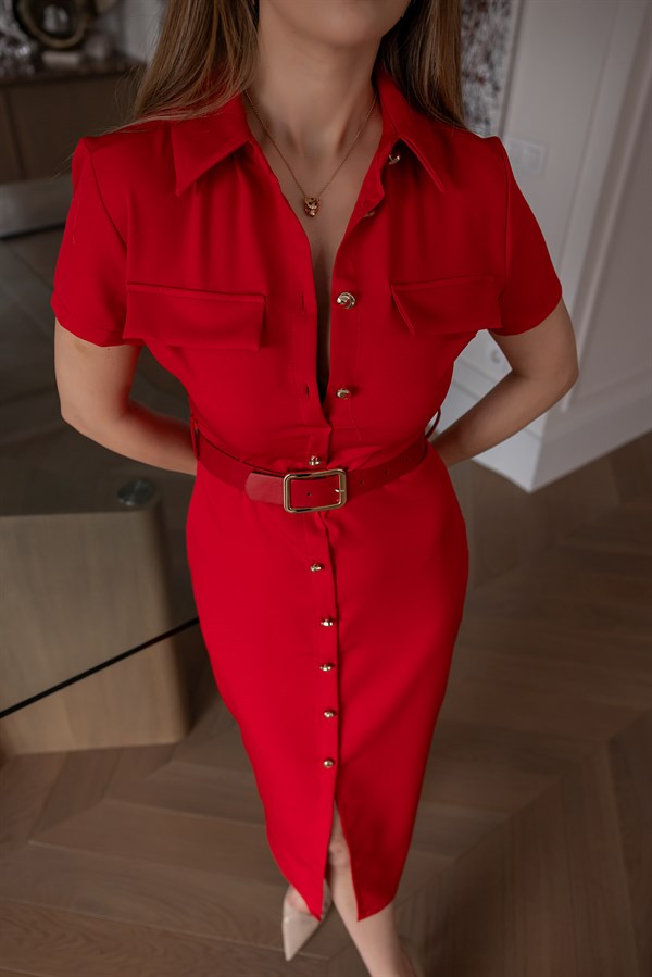 Düğme Kapamalı Midi Boy Elbise - KIRMIZI