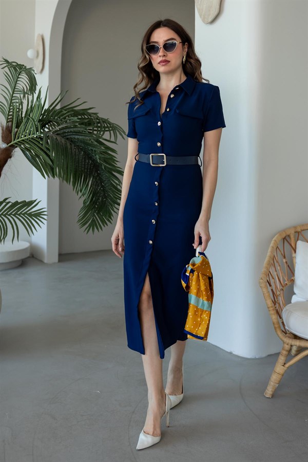 Düğme Kapamalı Midi Boy Elbise - LACİVERT