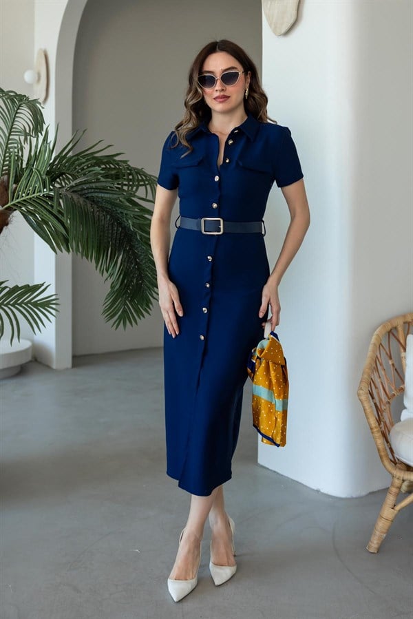 Düğme Kapamalı Midi Boy Elbise - LACİVERT