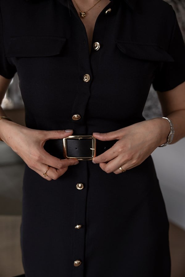 Düğme Kapamalı Midi Boy Elbise - SİYAH