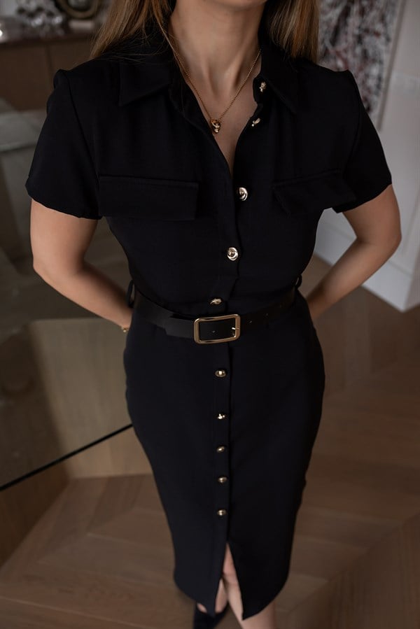 Düğme Kapamalı Midi Boy Elbise - SİYAH