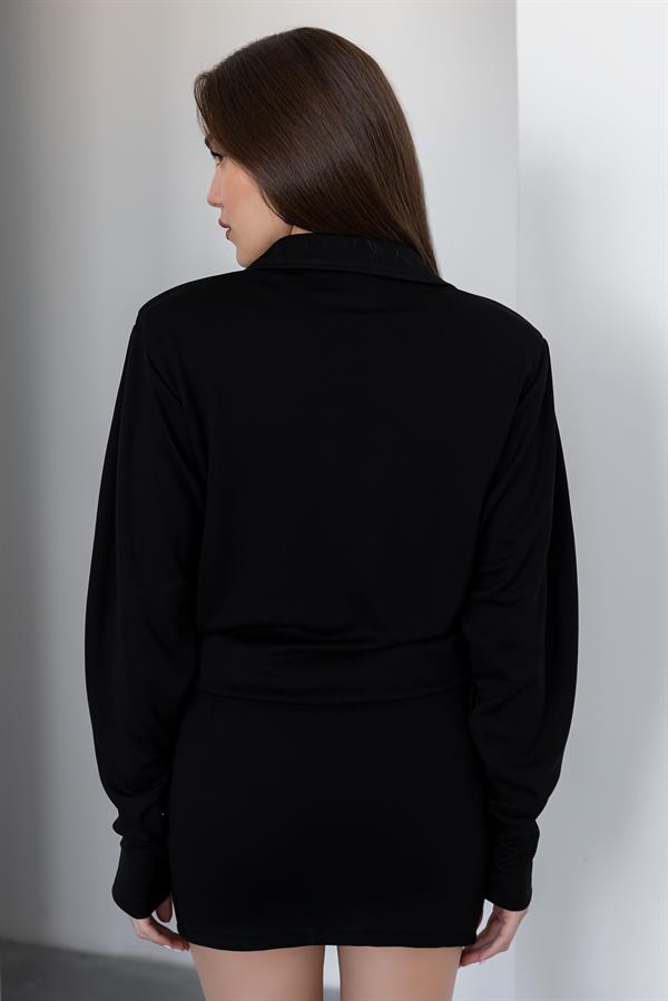Düğme Kapamalı Mini Elbise - SİYAH