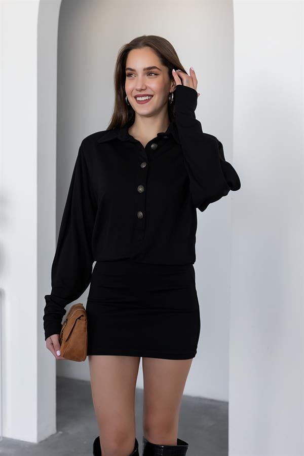 Düğme Kapamalı Mini Elbise - SİYAH