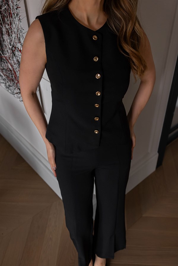 Düğme Kapamalı Yelekli Takım - SİYAH