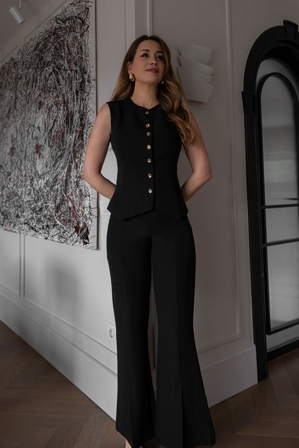 Düğme Kapamalı Yelekli Takım - SİYAH